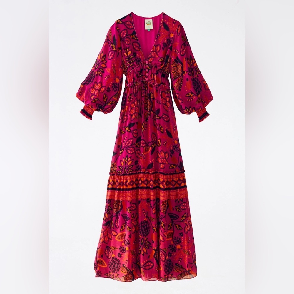 NWT Farm Rio Pink Macaw Forest Long Balloon Sleeve Maxi Dress size Small